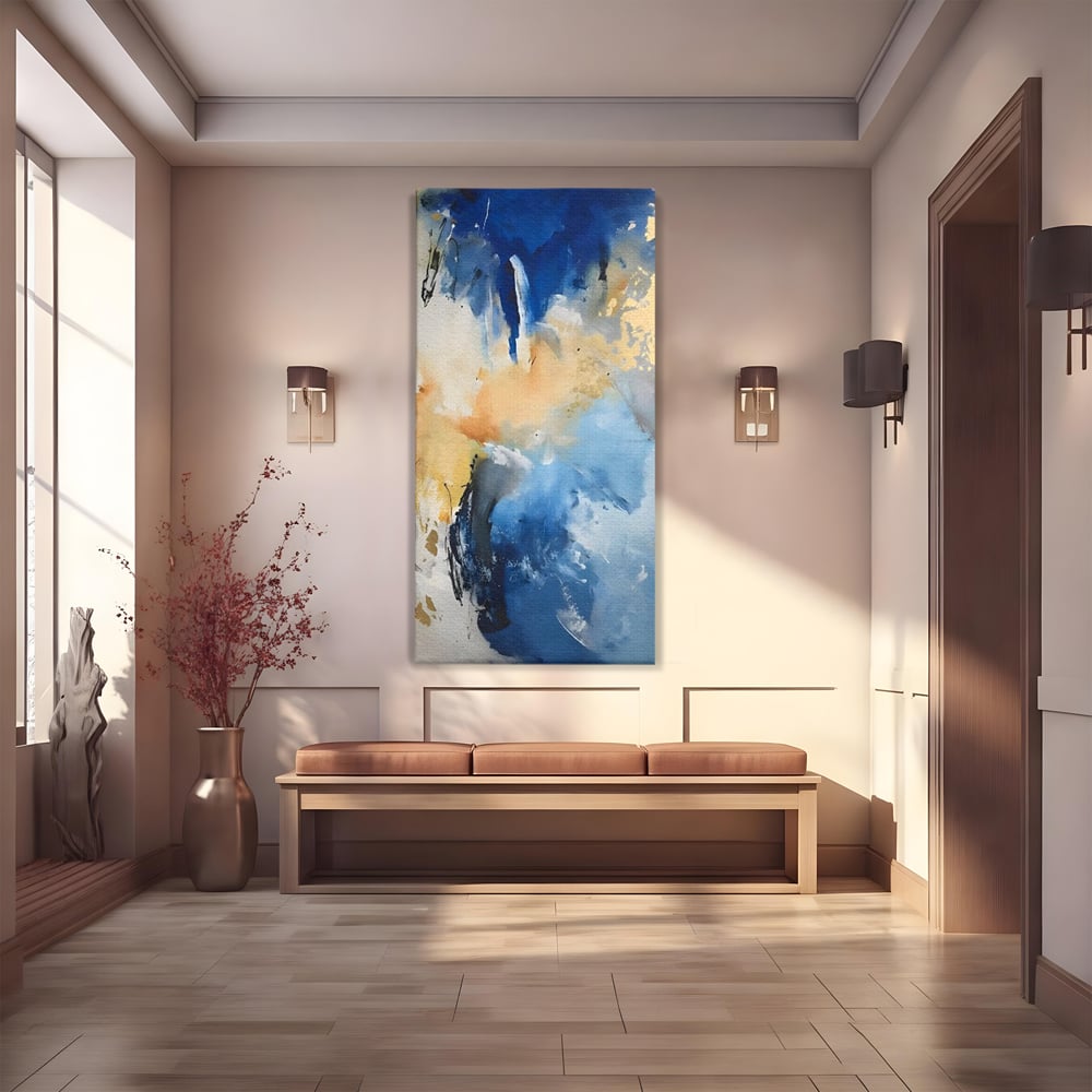 Tablou canvas cu pictura abstracta cu pete albastre si aurii, fara rama, pe sasiu de lemn